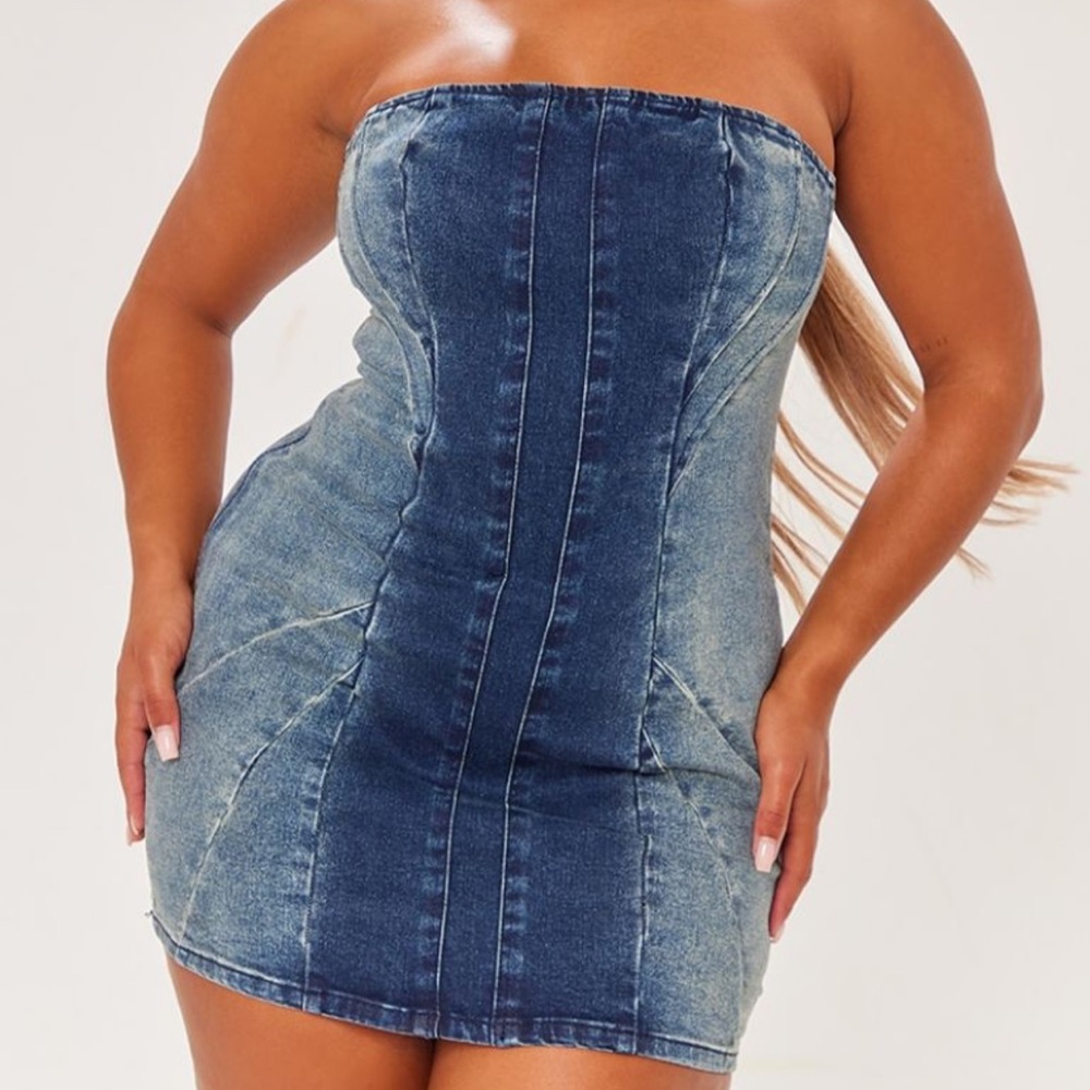 PrettyLittleThing Blue Strapless Bodycon Dress
